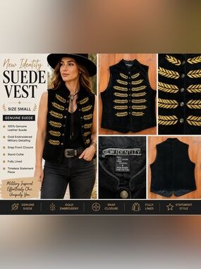 New Identity Black Suede Military Style Vest Women’s Small Vintage Cottagecore
